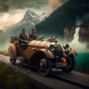 two persons on a dieselpunk brown metal side-car riding on pyrenees mountains, cloudy weather, conifers, lake and steam. Hyperrealistic