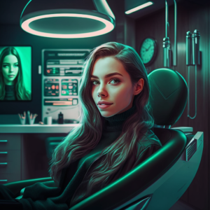 young womand dressed in stylish rather dark clothing with long hair, red or dark red lips, green eyes, sits in dentist’s chair where she’s getting her teeth whitened. Dental clinic is modern, futuristic and cozy. Make it photorealistic V 4