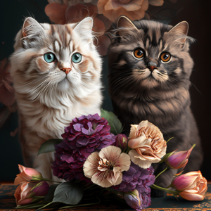 excellent bouquet realistic two cats on background
