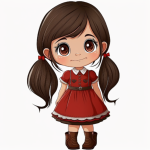 Happy 5 years old girl, looking forward, standing still, with big smile, with hazelnut eyes, with dark brown long hair with pigtails, dress with short sleeved red dress over a collared blouse, red ankle boots, showing the whole body, 8k, high definition, stylized, transparent background