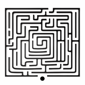 very very simple 2d stylized drawing of a labyrinth, white background, thin black lines, transparent background, drawing for very young children