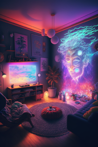 a psychedylic trippy room with a very cool vibes demostrating art on the wall and neon lights and fairy tailish , hyper realsitic, ultra hd, high details, 8k –v 4 –ar 2:3