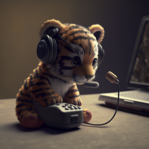 Little tiger character playing computer using headset ultra realistis, hd