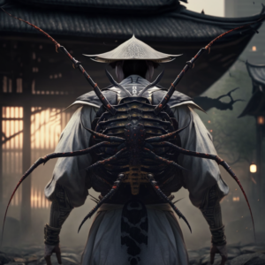 Samurai 8k stands with his back at dawn a white spider on his back