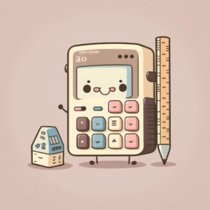 a calculatoor, a pen and a ruler in pale colors. Cartoon style.