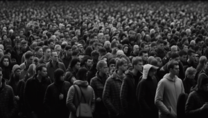 Thousands of desperate young people, standing in long lines far away, standing motionless, full of details 4k –ar 16:9