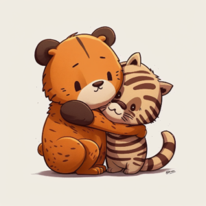 cute cartoon style bear, cute cartoon style tiger cub, hugging each other