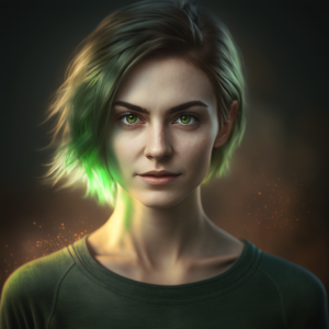 A medium shot of a young and pretty woman with square cut hair wearing a green T-shirt, captured with a Nikon D850 and a Nikon AF-S 70-200 MM LENS, with hight key lightning to create a soft and thermal fee, with a shallow depth of field – AR 2X3