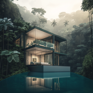 a mansionette in a rainforest setting that utilizes the views and has an infinity pool