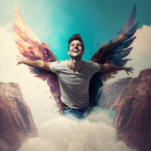 man falling off cliff, growing wings, smiling, excited