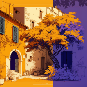 The style is a digital illustration 16:9 color provence two colors presentation