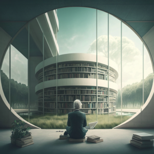 landscape pic of a librarian sitting in a modern looking library