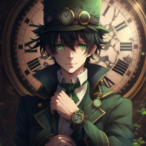 cute anime guy green eyes magic clock powerful elegant cute very handsome hat on hand black hair elegant background