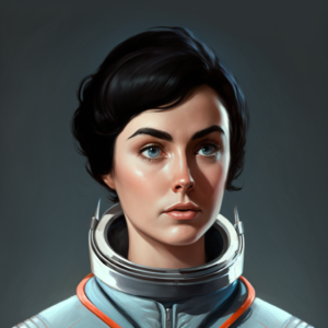 a young woman in her thirties, of average height, with cropped black hair and deep blue almond shaped eyes. the face framed by thick eyebrows and a slightly upturned nose. tanned skin. She wears a fitted space suit, a slim but athletic figure.