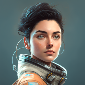 create an ultra-detailed young woman in her thirties, average height, short black hair and almond-shaped blue eyes. thick eyebrows and a slightly upturned nose. tanned skin. She wears a fitted spacesuit, a slim but athletic figure of athletic long legs.