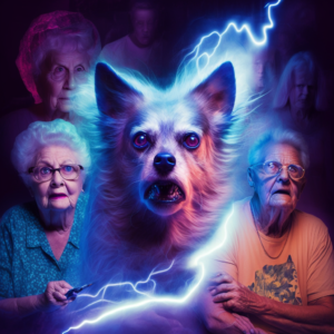 Devil dog and frightened grandmothers, hyper realistic , album cover , manifestation of insanity, neon lights