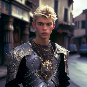 Sly, short, skinny, young man, smirking, standing on a modern city street, wearing ornate silver and crystal breastplate with gems inset, over jeans, ((lean, shredded, dynamic pose, blond, full body)), still frame from the movie, ((medieval, gothic, Middle-earth, Westeros, Neverland, fantasy)), ((volumetric lighting, color correction, insane details, intricate textures, perfect details), portrait photo, f/2.8, hd, hq, sharp focus, masterpiece, award-winning photograph, (ultrarealistic faces, natural hair structure, detailed skin texture, detailed pupils), [by Caravaggio] –upbeta