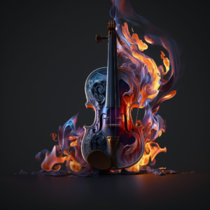 a gaint violin from which symbol of music are coming out in the form of fire and ice 8k cinematic realistic hd