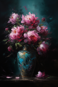 an abstract ultrafine detailed painting of deep pink peonies in a turquoise vase encrusted with gold thread, inspired by Antoine Blanchard, featured on cg society, impressionism, painterly, gorgeous stunning art –ar 2:3 –v 5