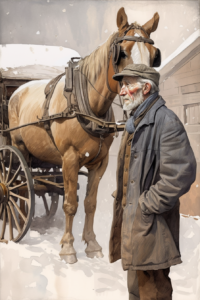 close-up side-profile portrait, an elderly skinny old man stands next to a worn-down carriage-horse harnessed to a heavy sleigh in a blizzard, snowy rustic unpainted barn background, 1800s rural new england + style of Norman Rockwell and Coby Whitmore and J. C. Leyendecker + rich digital vector art, clean lines, maximalism, realistic, dynamic lighting, dynamic composition, highly detailed eyes, realistic colors, key visual, cinematic –ar 2:3 –v 5