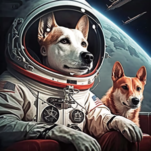 Uriy Gagarin in a spaceship with dogs Belka and Strelka all in USSR uniforms high-quality realistic