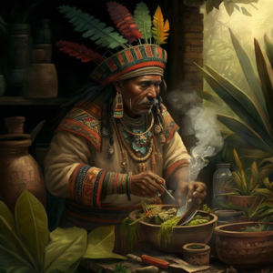 Aztec doctor preparing herbs