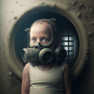 happy children girl in the Gas chamber, 3D, GPU render.
