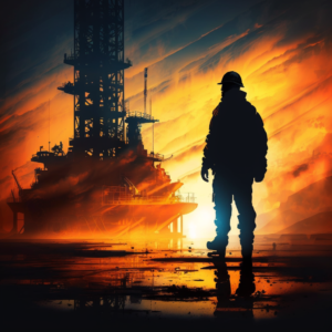 Worker in construction site, oil rig beside, sunset as background