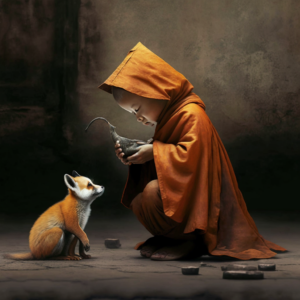 The clever little monk playing and fox