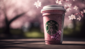 A photorealistic photo of a starbucks cup with a pink drink in front of cherry blossoms, capturing rich tonality, exceptional sharpness, and a smooth bokeh background, Shot from above, looking up, emphasizing the pink cup, dramatic contrast –ar 16:9