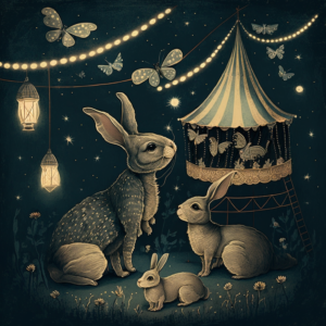 dreamy night circus with twinkling fireflies, Parisian rabbits wearing brush and ruffles, strings, vintage illustration