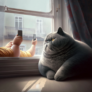 A fat man on the sofa takes a picture of a gray, fat short cat sunbathing on the balcony windowsill