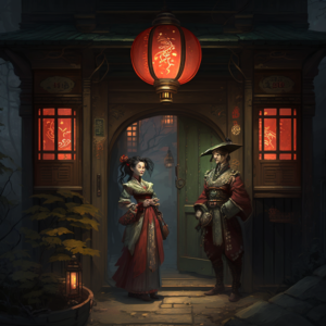 A little Chinese style tavern, located on the first floor, the name is “sea tavern”, there are red lanterns hanging, inside the light, a man and two women are the boss at the door to greet customers, one of the female boss in the dance.