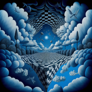 psychdelic dreamworld in the clouds, surrealist and abstract digital art trending on artstation by artist Rob Gonsalves and Mark Riddick, chequered freemasonic occultic patterns