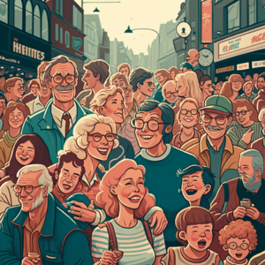 happy people in a crowded city in the style of robert rottensteiner