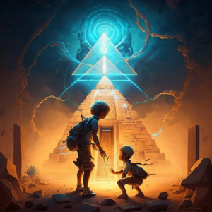 Many traps and mechanisms await in the pyramid The two boys leap with all their might.Magical aura+ Cosmic vibe+ Electric spark