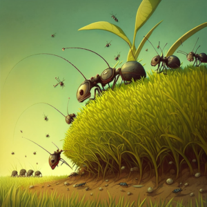 The third illustration shows the grass in the field starting to grow taller, indicating that more food is becoming available. The ants are still busy collecting food, but they seem to be doing so more efficiently now that there is more to gather. –