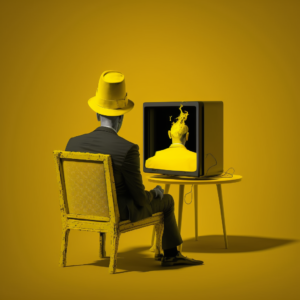 draw a gentleman in a yellow suit sitting on a chair and next to him a table in place of his head he has a television and a yellow background and a danger sign behind the gentleman a wall with a fireplace 4k