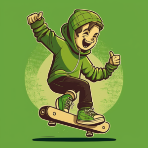 lime to light green gradient background, cool guy with a thumbsup is wearing a darker green sweater with hoodie while doing a skateboard ollie trick, cartoon-style art