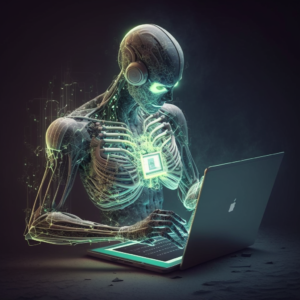 An eye-catching illustration or graphic that depicts the power of AI to create videos. The image could show a humanoid figure using a laptop or tablet to generate videos 16:9