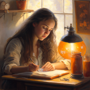 An exquisite painting that brings to life a scene of a young artist working at her desk. The background is a mix of warm oranges and yellows, creating a sense of coziness and comfort. The artist is focused on her work, her face illuminated by the soft light of a desk lamp. The painting is done in a realistic style, capturing the fine details of the artist’s features and the textures of the surrounding objects. Inspired by Mary Cassatt and John Singer Sargent, the painting is intricate and ornate, with each brush stroke carefully crafted to bring the scene to life. –stylize 1000