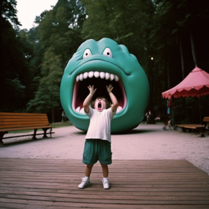 leica film photography, 90’s, child with a giant plastic mask, amusement park in a forest, balloons, giant hands, screaming dinosaurs