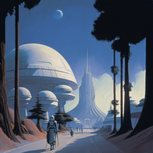 Ralph McQuarrie style sci-fi star wars planet with white roads white buildings blue trees