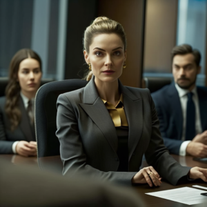 female CEO sitting at the head of a boardroom table, dressed in an elegant pantsuit and making a presentation to her colleagues nikon RAW photo,8 k,Fujifilm XT3,masterpiece, best quality, 1girl,solo,realistic, photorealistic,ultra detailed,depth of view, iu1