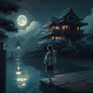 Japanese schoolgirl Nighttime waterfront Moonlight and clouds Chinese-style ancient architecture