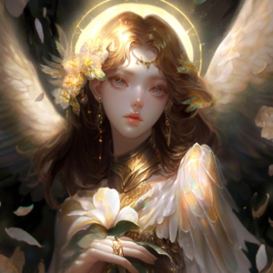 thick acrylic dark angel illustration with enchanted golden eyes, half body, gorgeous royal sacred saint maiden, golden angel halo, hand holding crystal holographic flower, satin silver white feather, ethereal, saltwater, extreme iridescent reflection, 8k high details, soft focus, cinematic lighting –niji