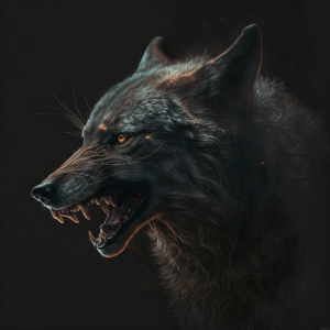 snarling black wolf, black background, cold