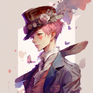 salmon pink straight short hair, blue-purple crisp slender and upturned eyes, sewing, steampunk clothes, a grown-up boy, watercolor, Japanese anime character, fluttering petals, strong-willed sneer face, long top hat