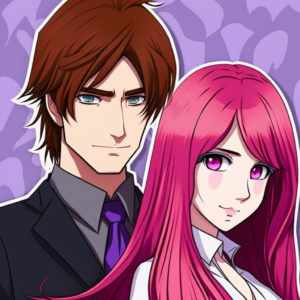 a Caucasian male of Norwegian decent, brown hair and light blue eyes, 6 feet tall, standing next to a korean American girl with split pink and purple long hair and brown eyes. They are in love. Anime style with cute heart background