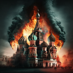 Saint Basil’s Cathedral on fire, distraction, flame, damage, bomb, destroyed building